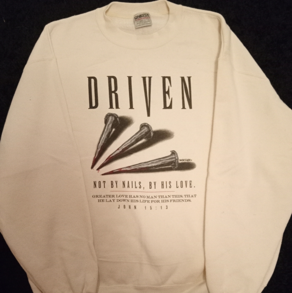 Vintage 90s Driven Not by Nails By His Love John 15:13 White Crew Neck Sweater 